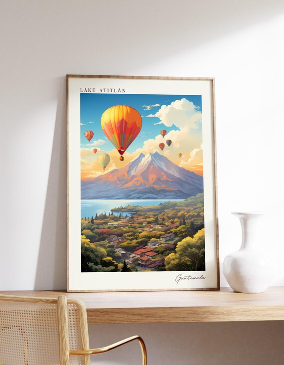 Lake Atitlan Guatemala Travel Poster Volcano Hot Air Balloons Artwork