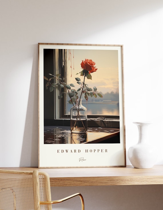 Edward Hopper Rose Red Flower Lakeside Window Dusk Art Poster