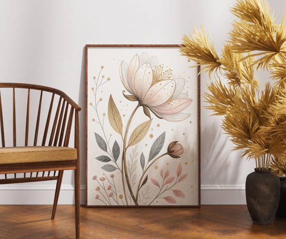 Botanical Flower Wall Art Print Minimalist Floral Poster Soft Neutral Tones Elegant Boho Illustration Nature Home Decor