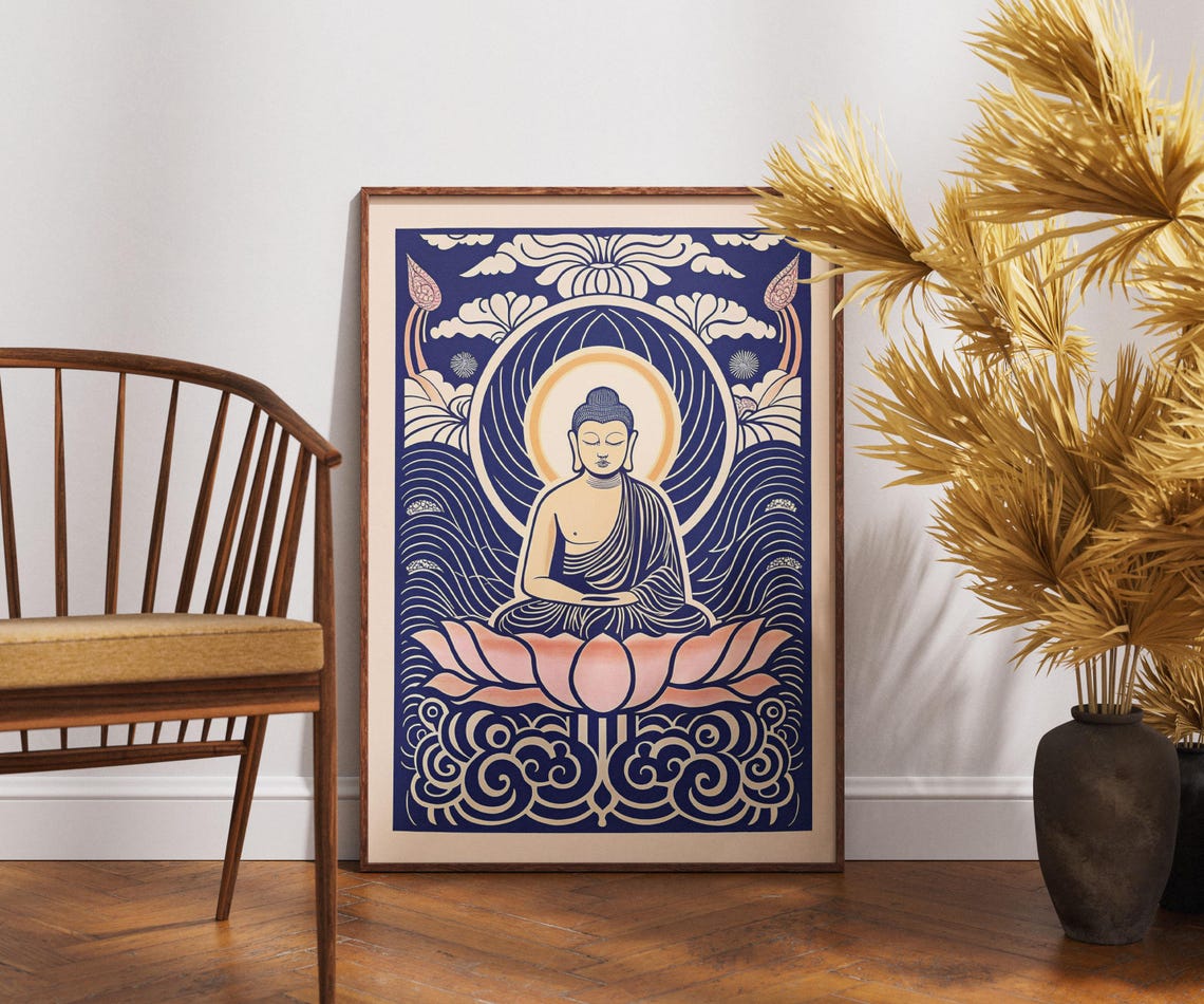 Vintage Buddha Poster Linocut Aura Art Zen Spiritual Wall Decor Retro Meditation Illustration Boho Print Unique Gift