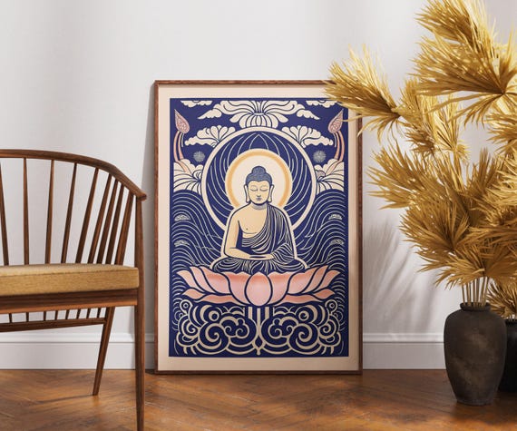 Vintage Buddha Poster Linocut Aura Art Zen Spiritual Wall Decor Retro Meditation Illustration Boho Print Unique Gift