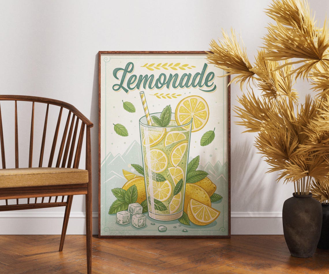 Vintage Lemonade Poster Fresh Citrus Summer Drink Retro Kitchen Art