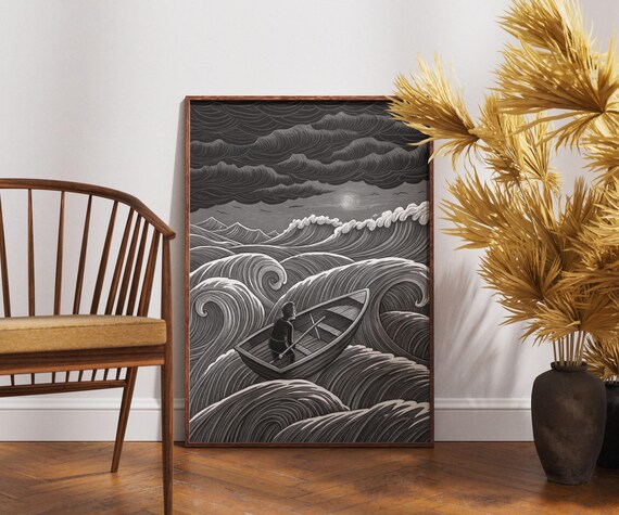 Stormy Sea Rowboat Black And White Ocean Waves Dramatic Poster