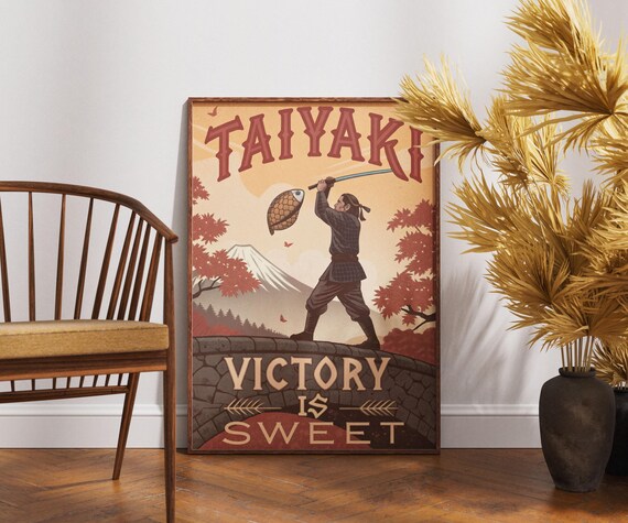 Samurai Taiyaki Poster Victory Is Sweet Wall Art Retro Japanese Dessert Print Warrior And Fish Decor Culture