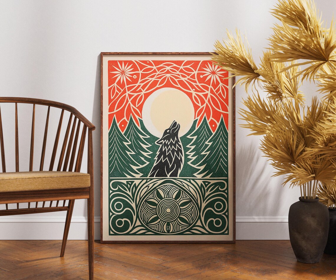 Vintage Wolf Midnight Howl Linocut Moon Forest Retro Nature Poster