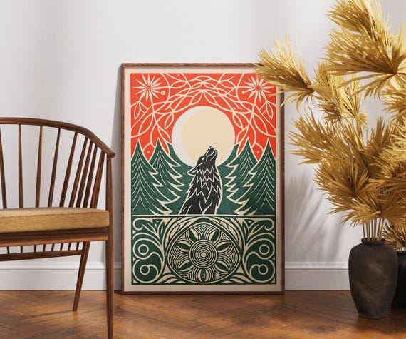 Vintage Wolf Poster Linocut Midnight Chorus Art Retro Wildlife Wall Decor Boho Nature Illustration Mystical Moon Print Unique Gift