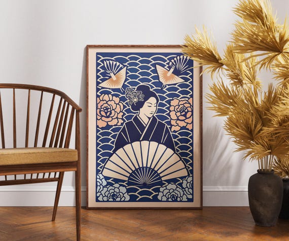 Vintage Geisha Poster Linocut Peony Grace Art Retro Japanese Wall Decor Boho Floral Illustration Elegant Oriental Print Unique Gift