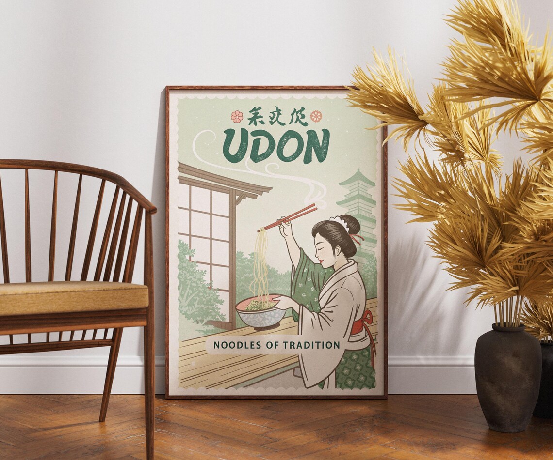 Udon Noodles Of Tradition Kimono Woman Retro Japanese Food Poster