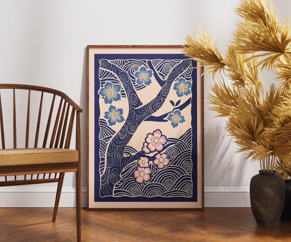 Cherry Blossom Reverie Poster Pink Blue Blooms Vintage Linocut Art