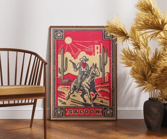 Vintage Cowboy Saloon Poster Wild West Matchbox Art Retro Western Print Rodeo Gunfighter Illustration Classic Americana Decor