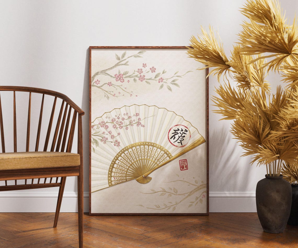 Japanese Sensu Folding Fan Cherry Blossom Gold Detail Poster