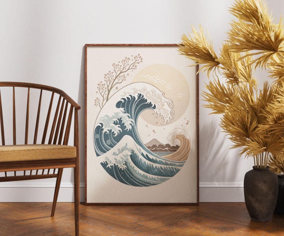 Japanese Wave Art Print Great Inspired Ocean Poster Mount Fuji Minimalist Wall Zen Coastal Decor Modern Ukiyoe Style