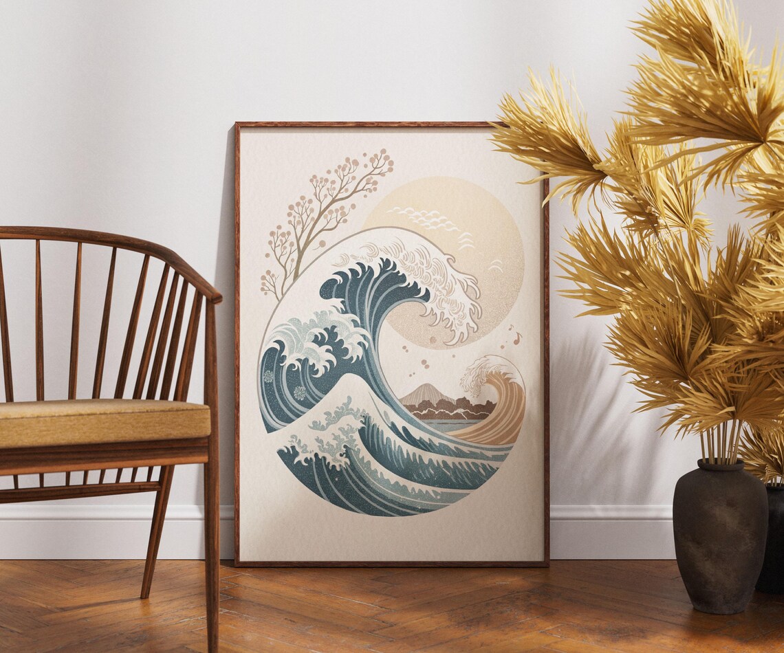 Japanese Great Wave With Mount Fuji Inspired Ocean Art Circle Wall Poster