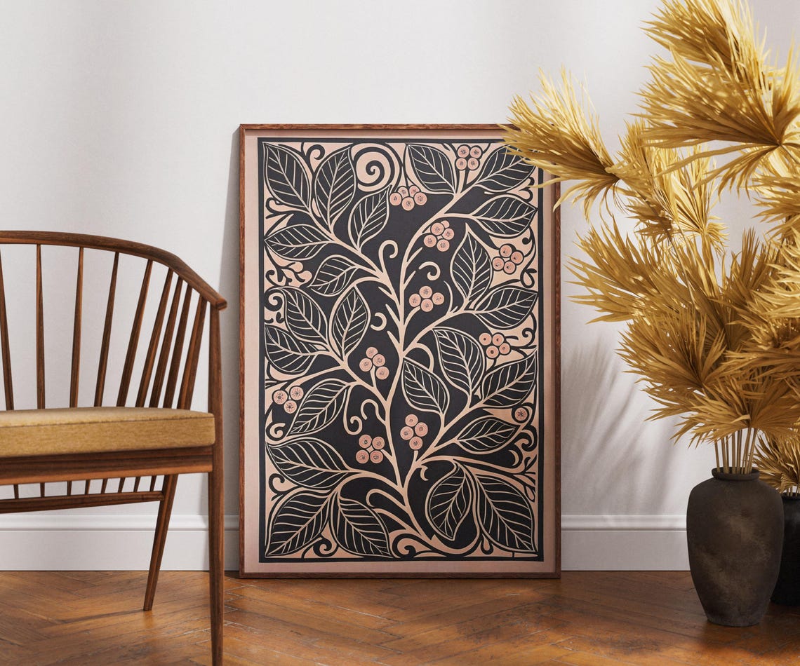 Vintage Berry Branch Linocut Ornate Botanical Nature Wall Poster
