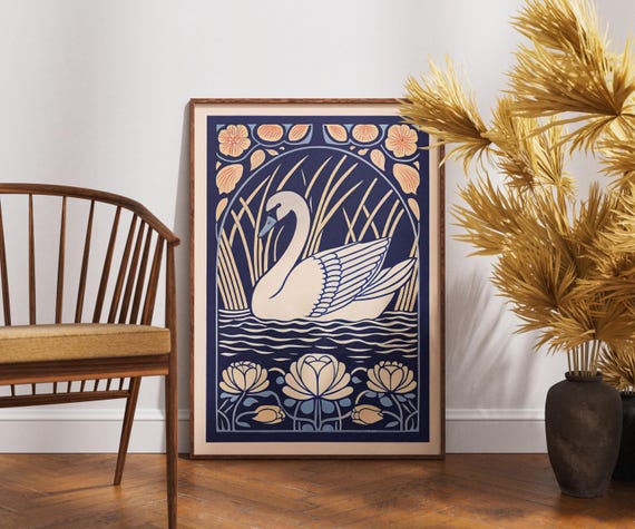 Vintage Swan Poster Linocut Tranquil Lagoon Art Retro Nature Wall Decor Boho Bird Illustration Serene Waterfowl Print Unique Gift