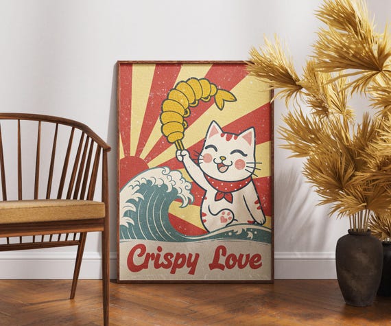 Crispy Love Cat Poster Retro Japanese Art Kawaii Food Print Vintage Wall Cute Kitchen Decor