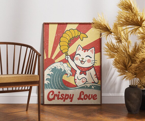 Crispy Love Cat Tempura Shrimp Great Wave Cute Japanese Art Poster