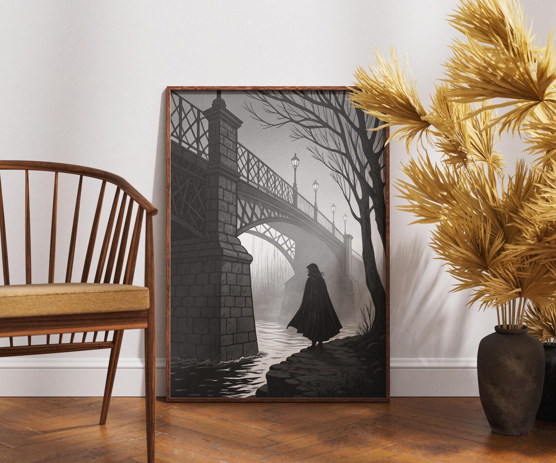 Gothic Bridge Cloaked Figure Dark Fantasy River Night Art Poster