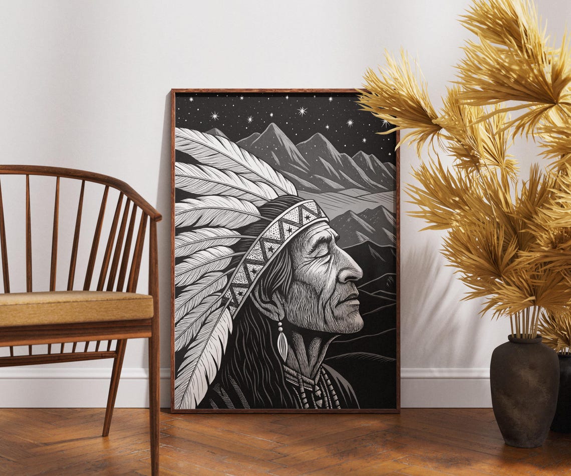 Native Elder Feathered Headdress Starry Mountain Night Portrait Poster