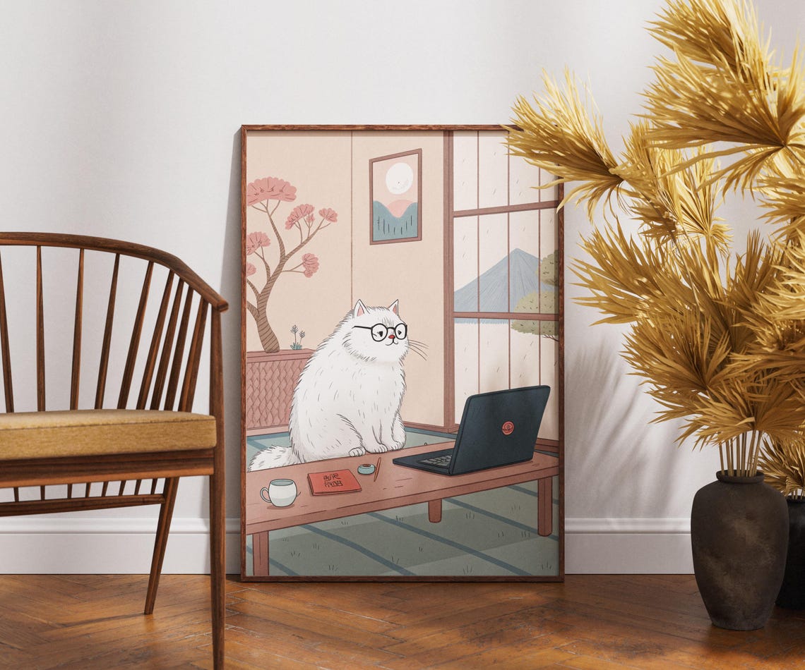 White Cat Working on Laptop Japandi Home Office Cozy Japanese Poster