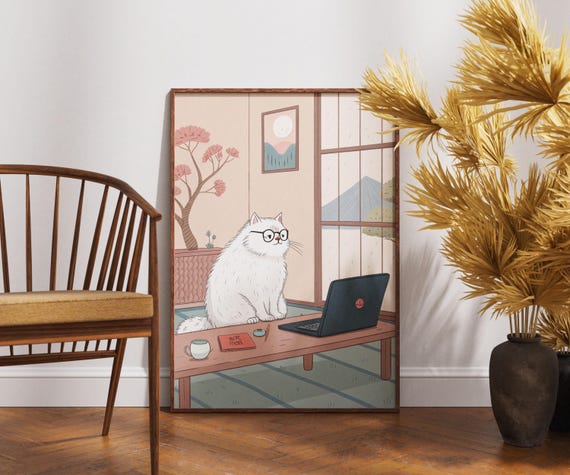 White Cat Working On Laptop Art Japandi Home Office Decor Cute Japanese Style Print Minimalist Cozy Poster Work From
