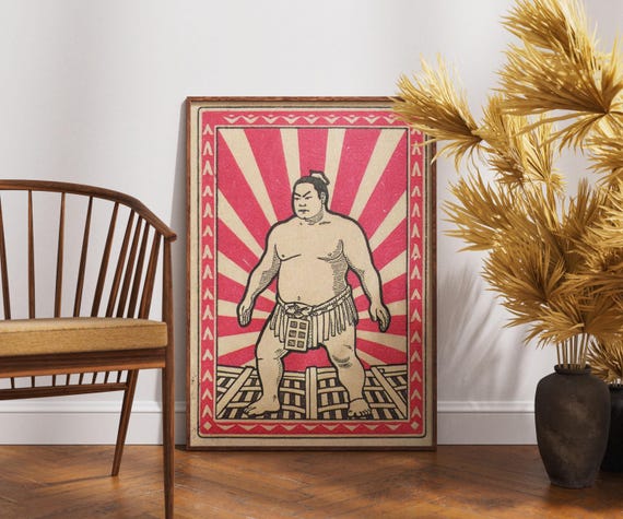 Vintage Sumo Wrestler Poster Japanese Matchbox Art Retro Japan Print Traditional Illustration Ukiyoe Style Martial Arts Decor
