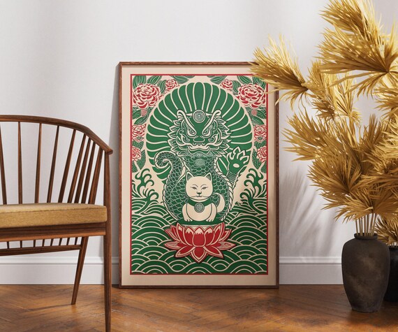 Vintage Dragon And Manekineko Poster Linocut Union Art Print Retro Lucky Cat Illustration Boho Japanese Wall Decor Feng Shui Gift