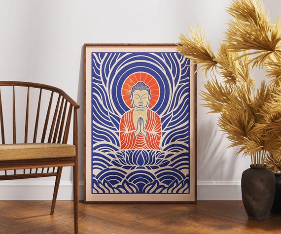 Vintage Buddha Poster Linocut Dream Art Zen Spiritual Wall Decor Boho Meditation Print Retro Illustration Unique