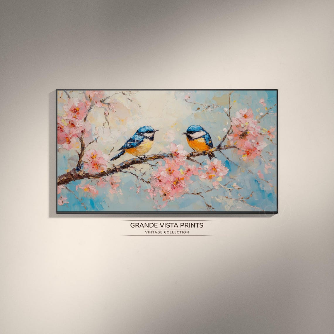 Blue and Yellow Birds on Pink Blossom Branch Impressionist Wall Art