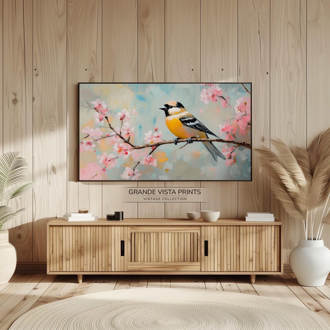 Yellow Breasted Songbird Pink Cherry Blossom Spring Bird Art Poster - Image 2