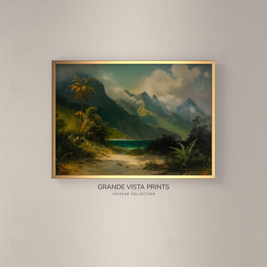 Tropical Island Coast Palm Trees Misty Mountains Lagoon Travel Poster