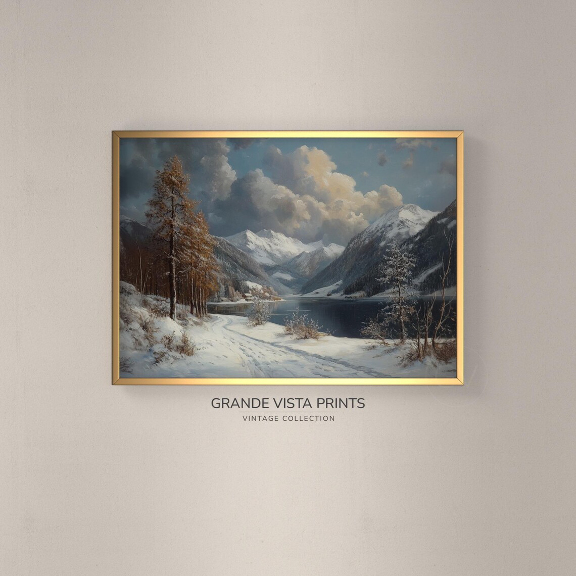 Snowy Mountain Lake Golden Larch Trees Vintage Winter Painting