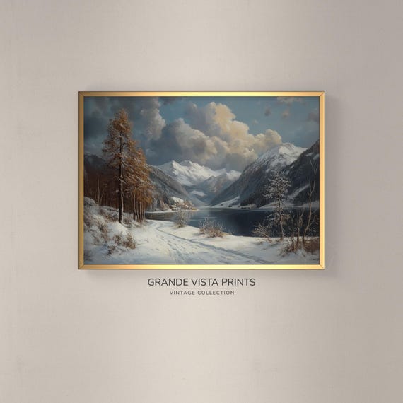 Winter Mountain Lake Wall Art Winter Lake Landscape Artwork Winter Mountain Landscape Painting Gv4747