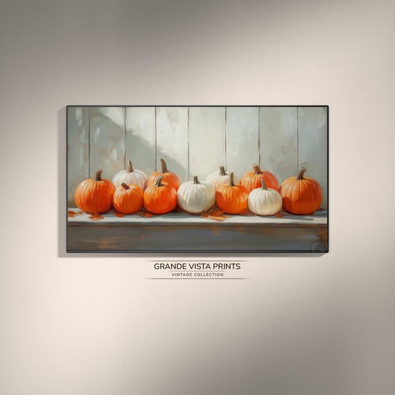Orange White Pumpkins Row Sunlit Shelf Vintage Fall Farmhouse Art Poster