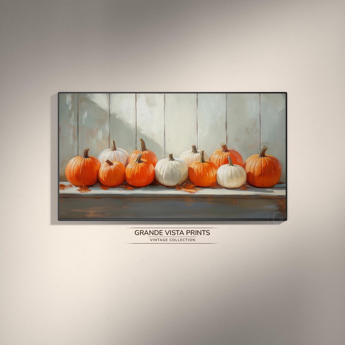 Orange White Pumpkins Row Sunlit Shelf Vintage Fall Farmhouse Art Poster