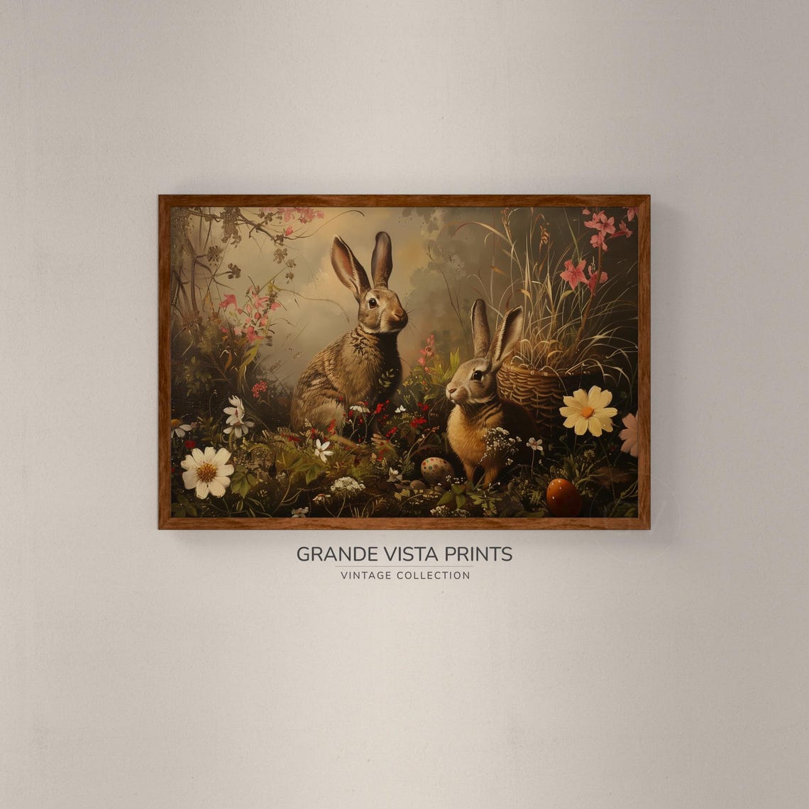 Two Brown Rabbits in Wildflower Meadow with Basket Eggs Easter Print - Image 2