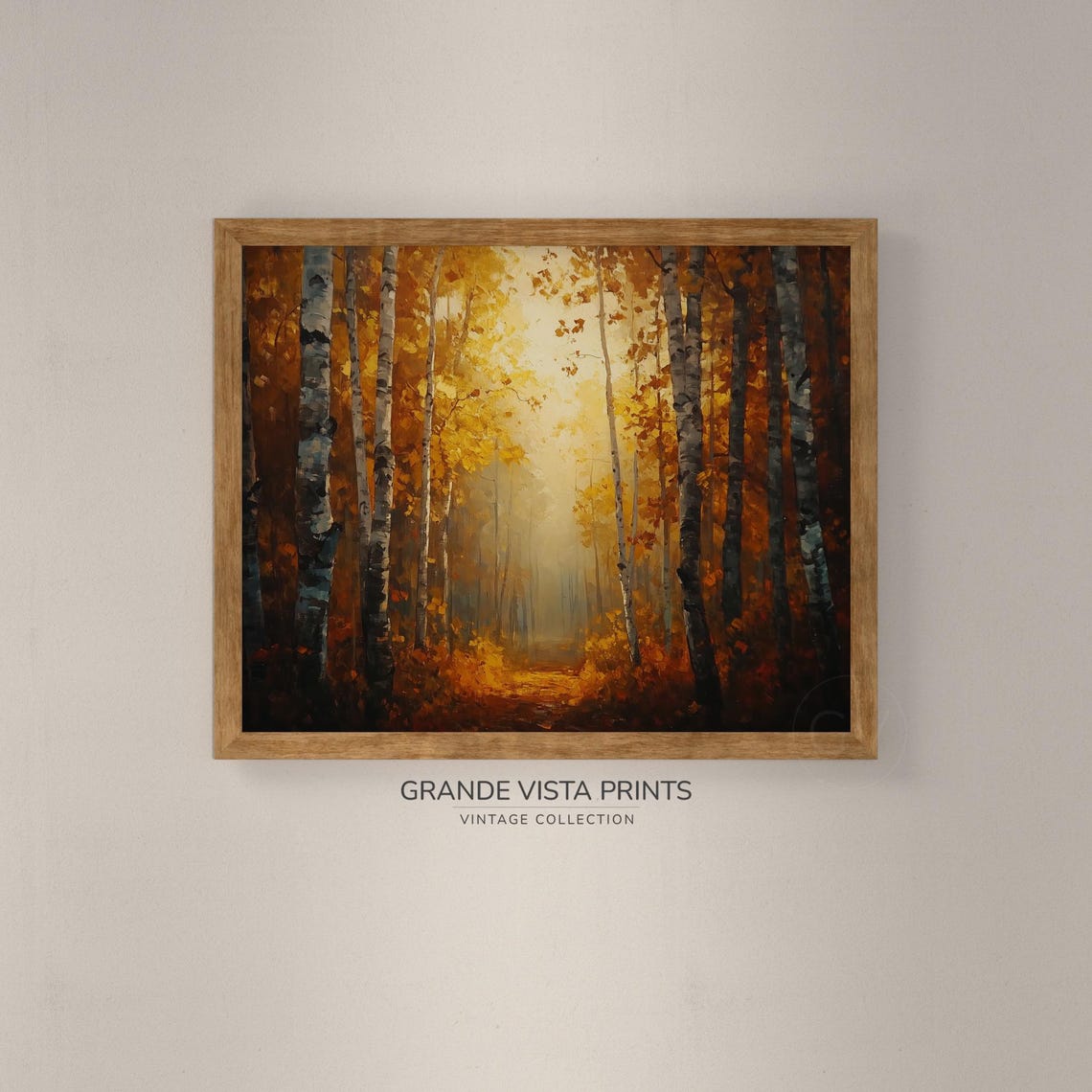 Misty Golden Birch Forest Sunlit Path Amber Vintage Wall Art - Image 4