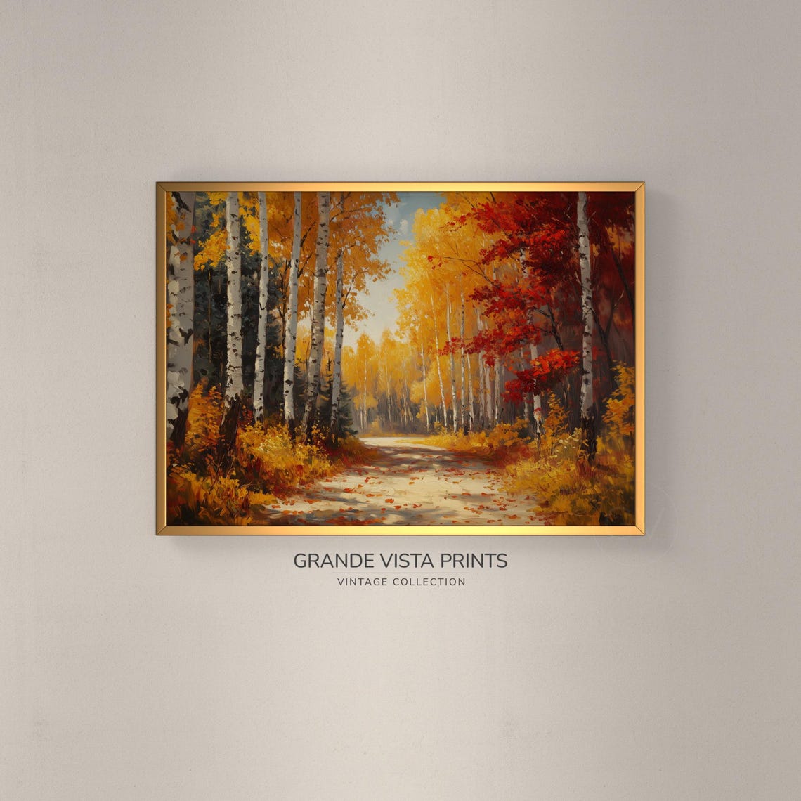 Sun Dappled Birch Alley Golden Canopy Red Accents Fall Road Art Poster