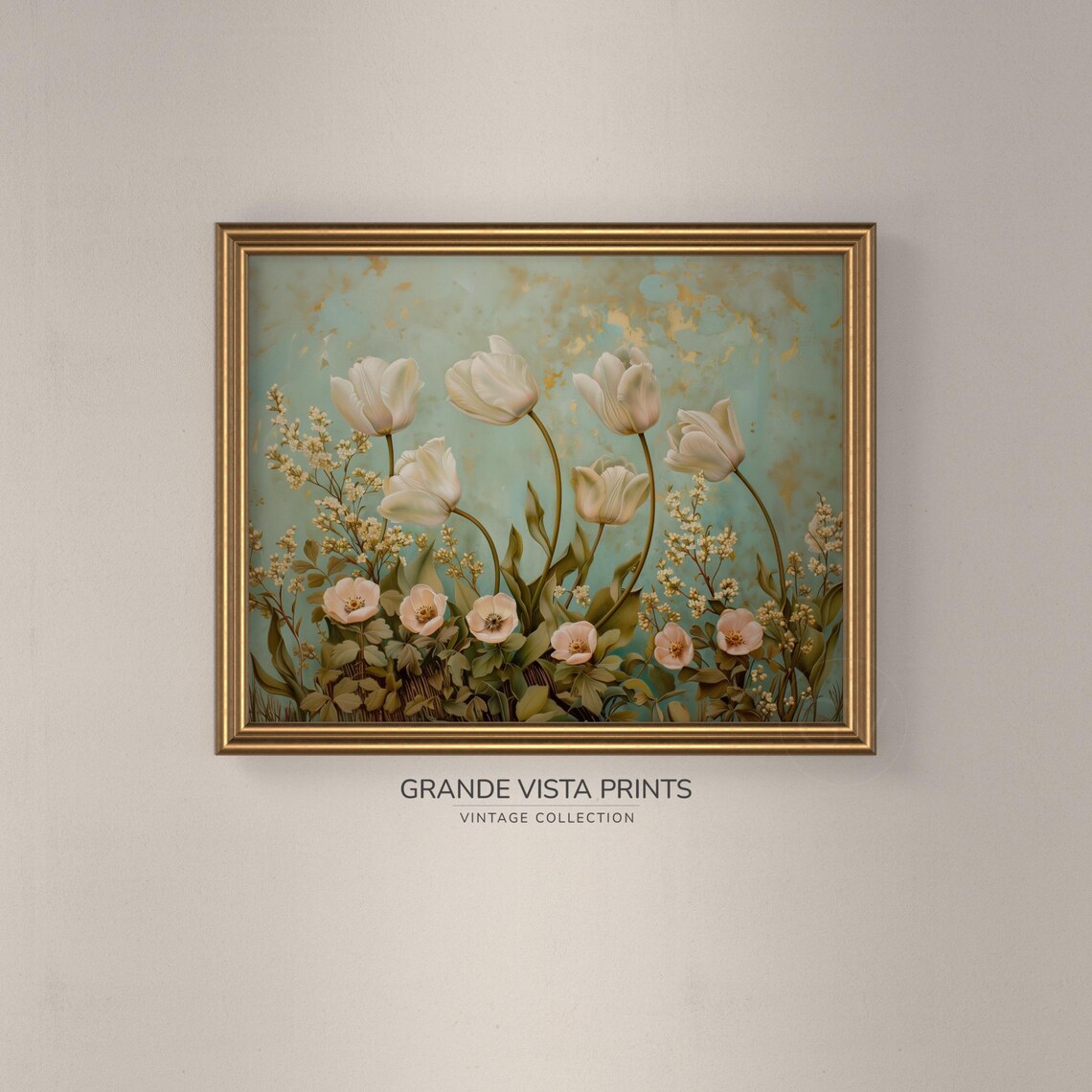 White Tulips Spring Flowers on Teal Gold Vintage Wall Print Poster - Image 3