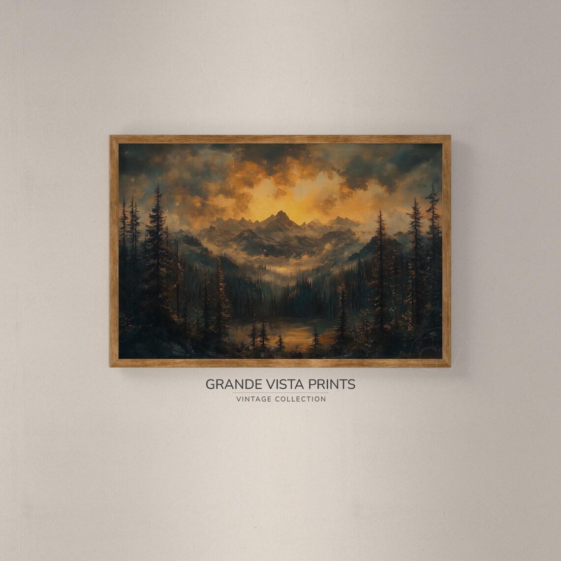 Golden Sunset Glow Dark Pine Forest Mountain Lake Vintage Poster - Image 2