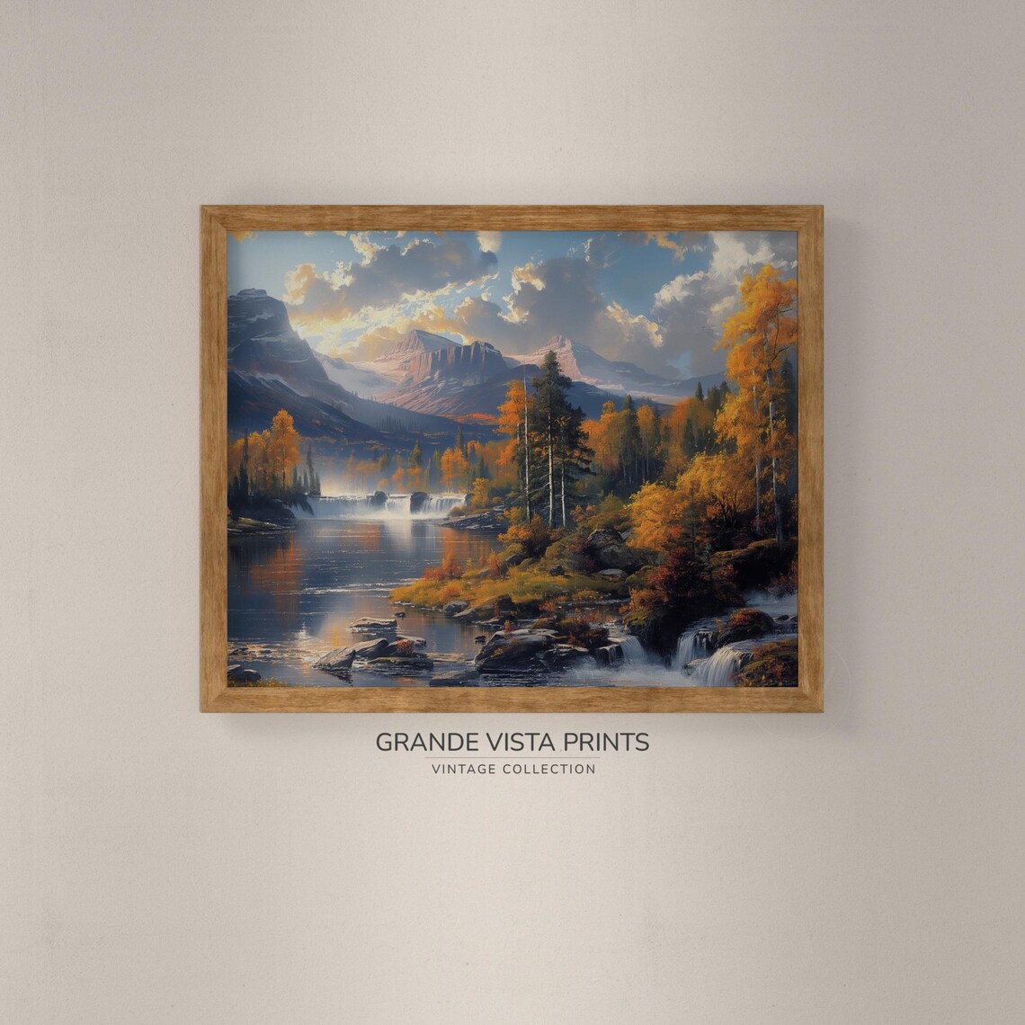 Autumn Mountain Lake Waterfall Golden Foliage Vintage Landscape Poster - Image 4