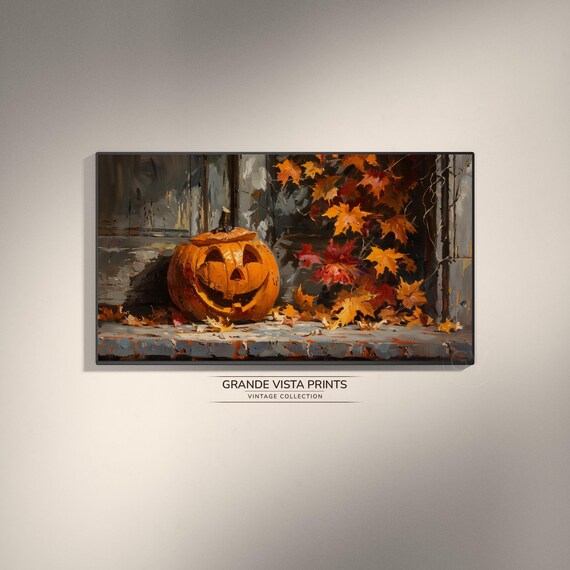 Happy Jack O Lantern Stone Sill Autumn Vines Vintage Halloween Art Poster