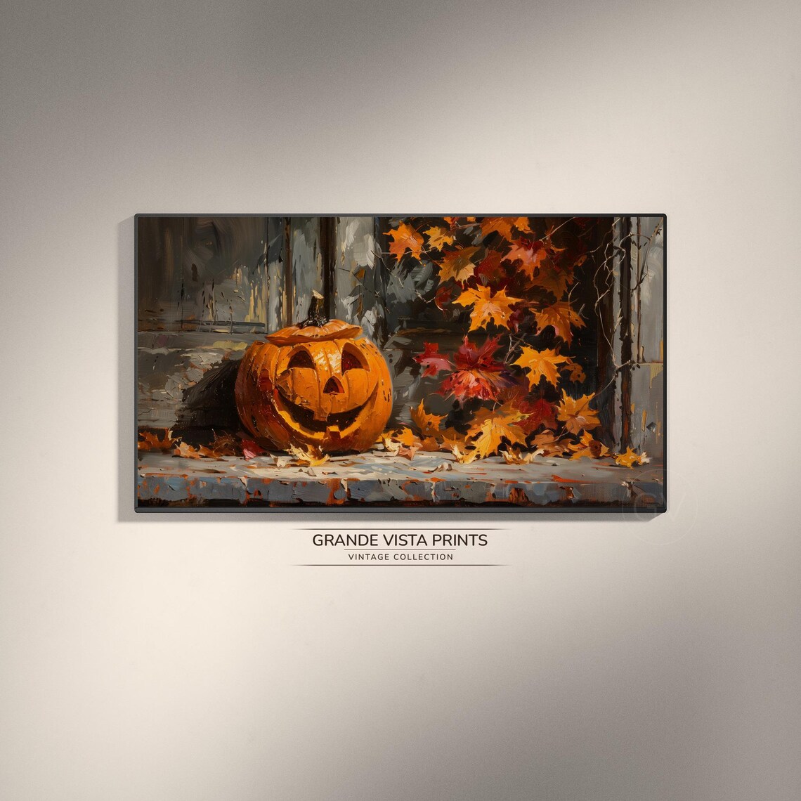 Happy Jack O Lantern Stone Sill Autumn Vines Vintage Halloween Art Poster
