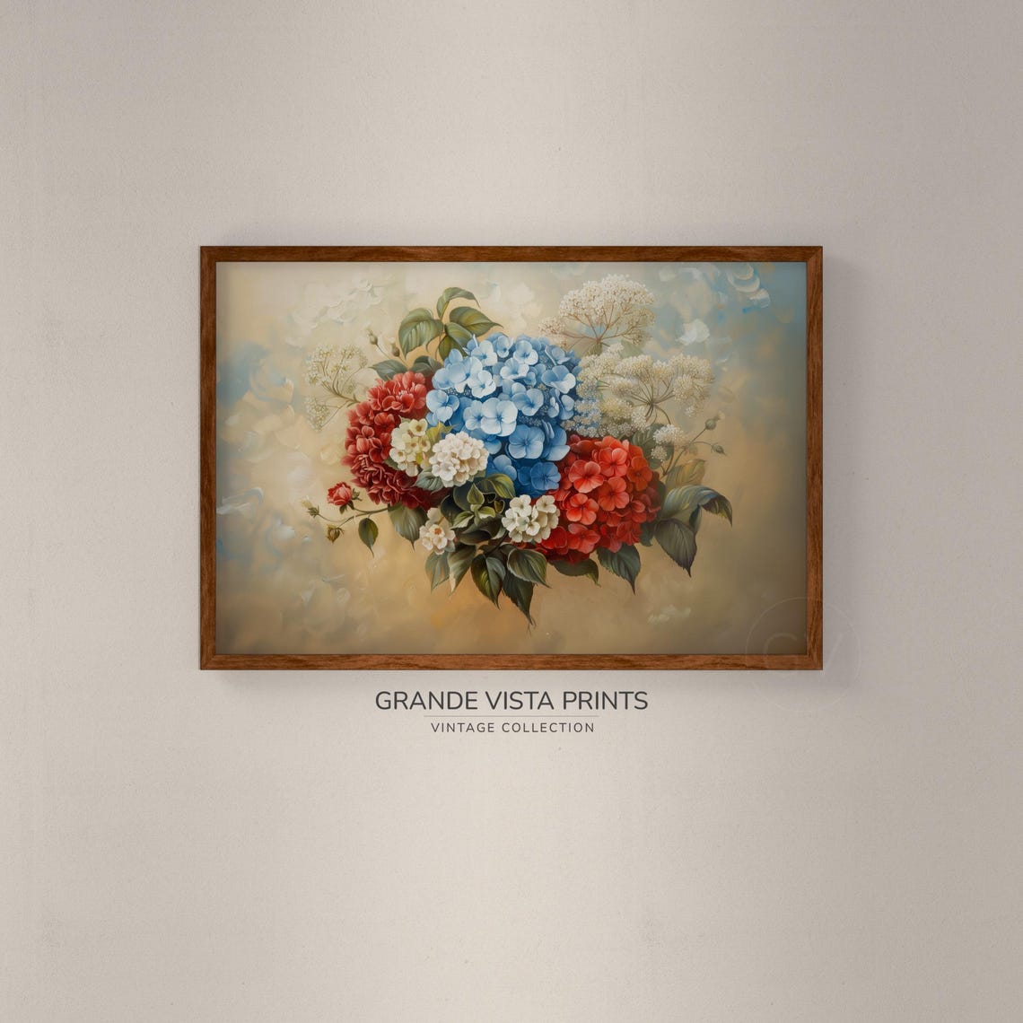 Blue Hydrangea Red White Bouquet Vintage Floral Still Life Poster - Image 2