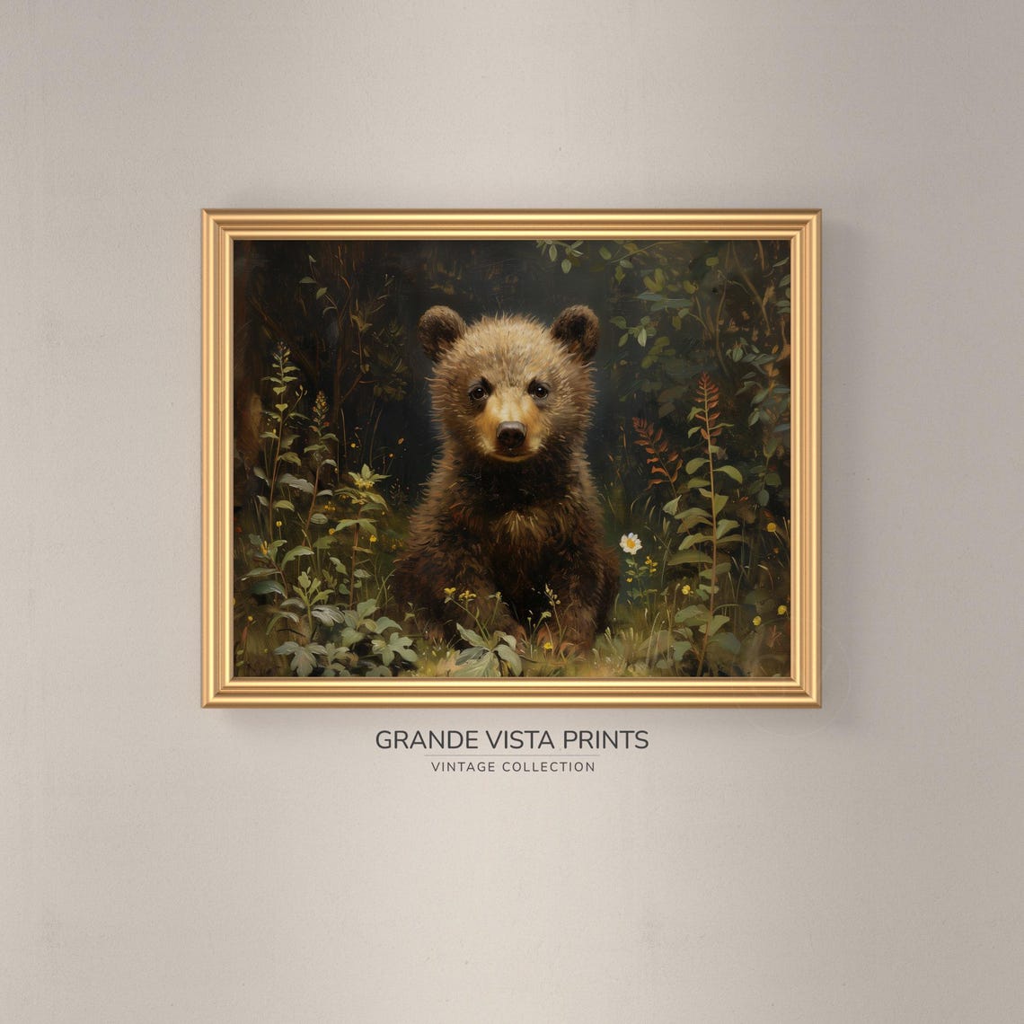 Brown Bear Cub Wildflower Meadow Dark Forest Vintage Wildlife Poster - Image 3