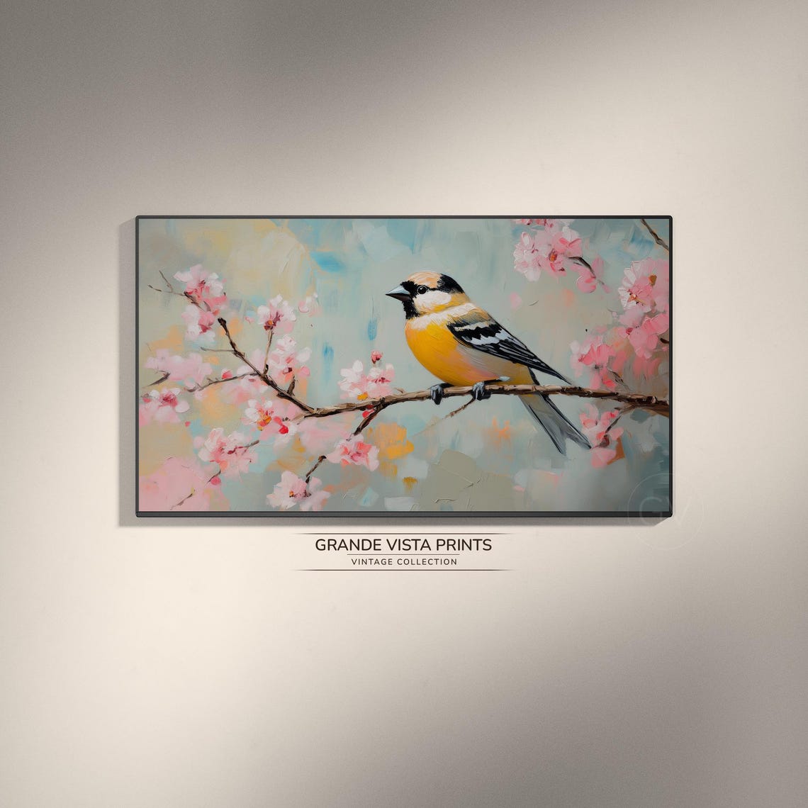 Yellow Breasted Songbird Pink Cherry Blossom Spring Bird Art Poster