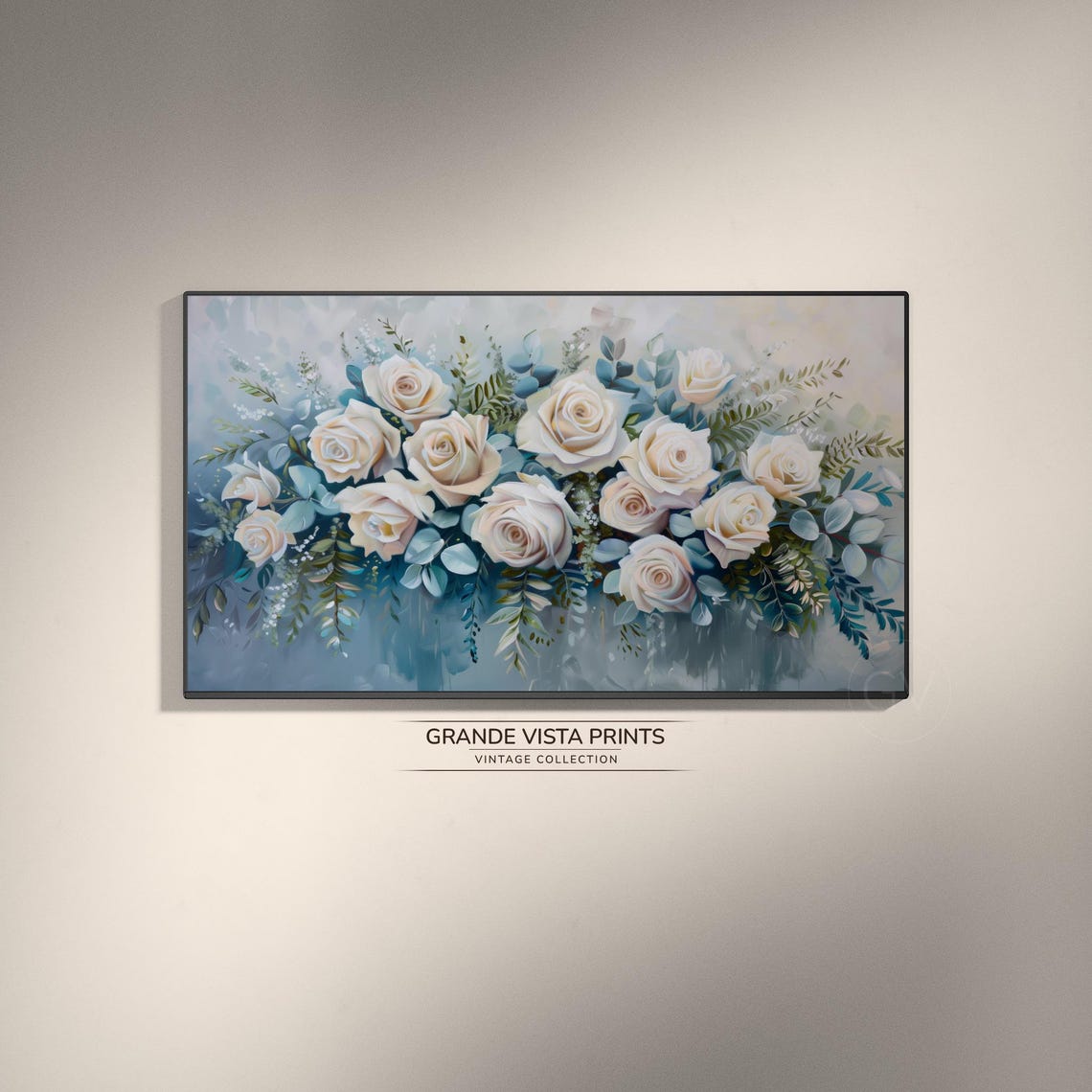White Rose Bouquet Eucalyptus Blue Grey Elegant Floral Wall Art Poster