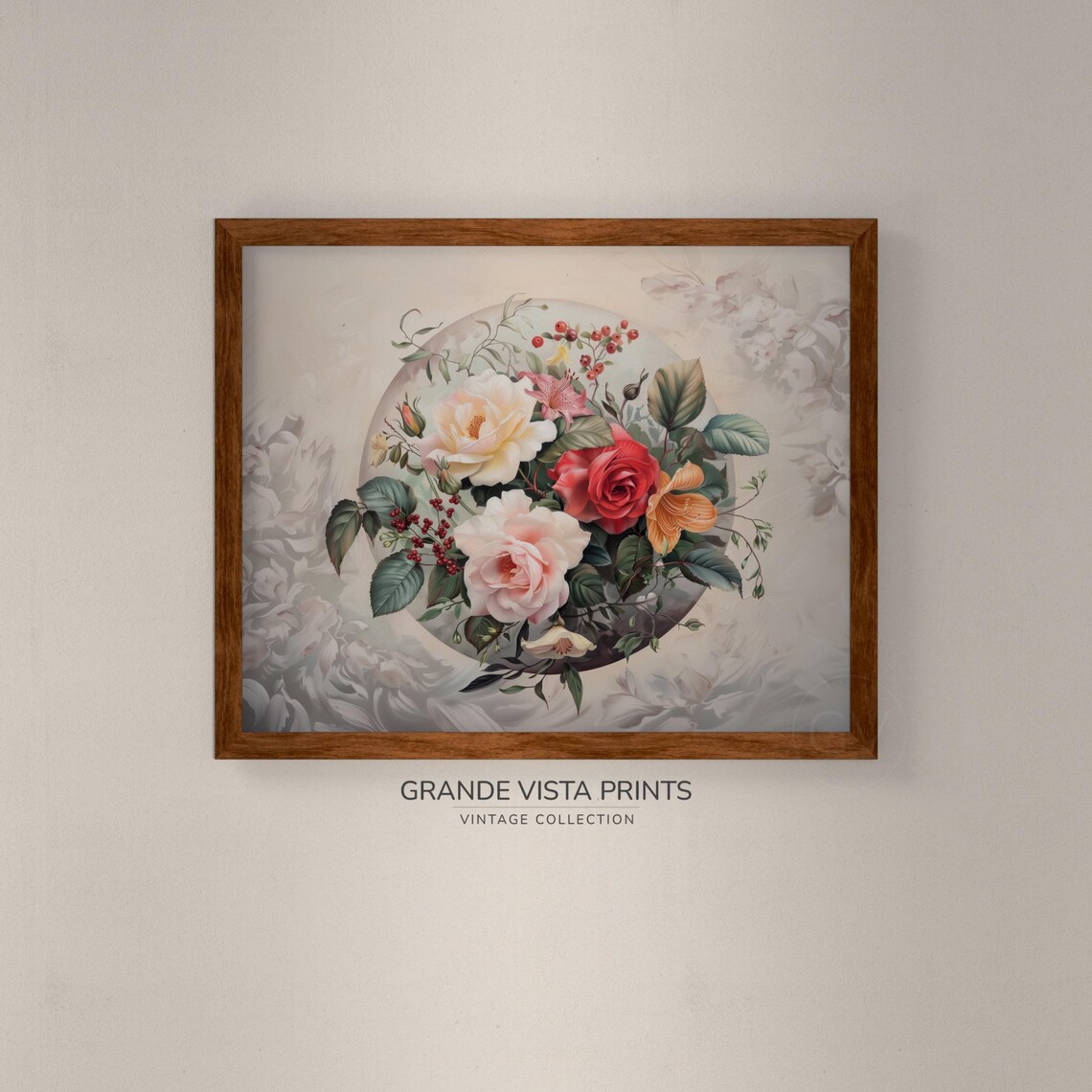 Blush Pink Red White Roses Bouquet with Lilies Vintage Floral Poster - Image 4