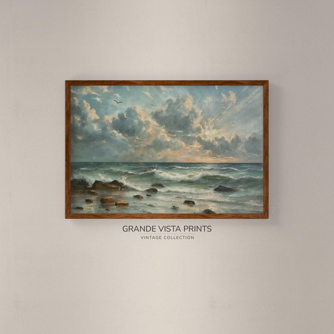 Rocky Beach Sunrise Waves Dramatic Sky Vintage Coastal Art Poster - Image 2