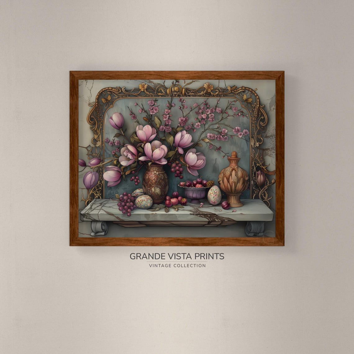Pink Magnolia Easter Still Life with Painted Eggs Plums Vintage Print - Image 4